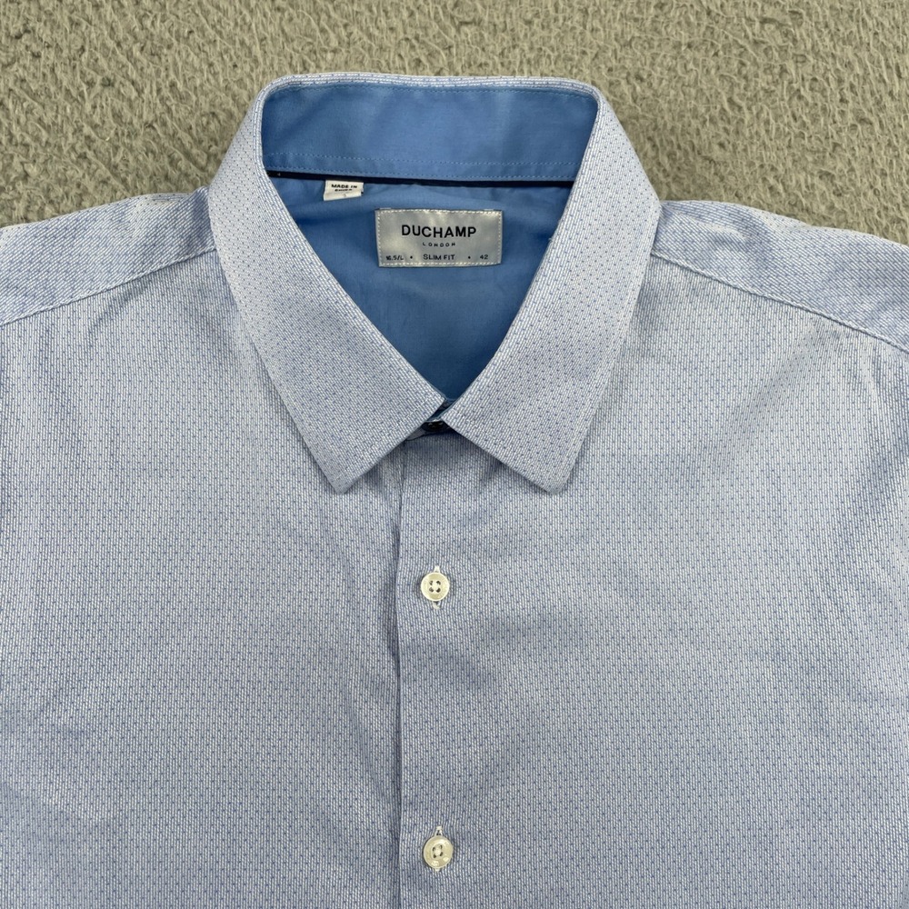 Duchamp Button Down Shirt Mens 16.5 L Blue Slim Fit Long Sleeve Textured Stretch